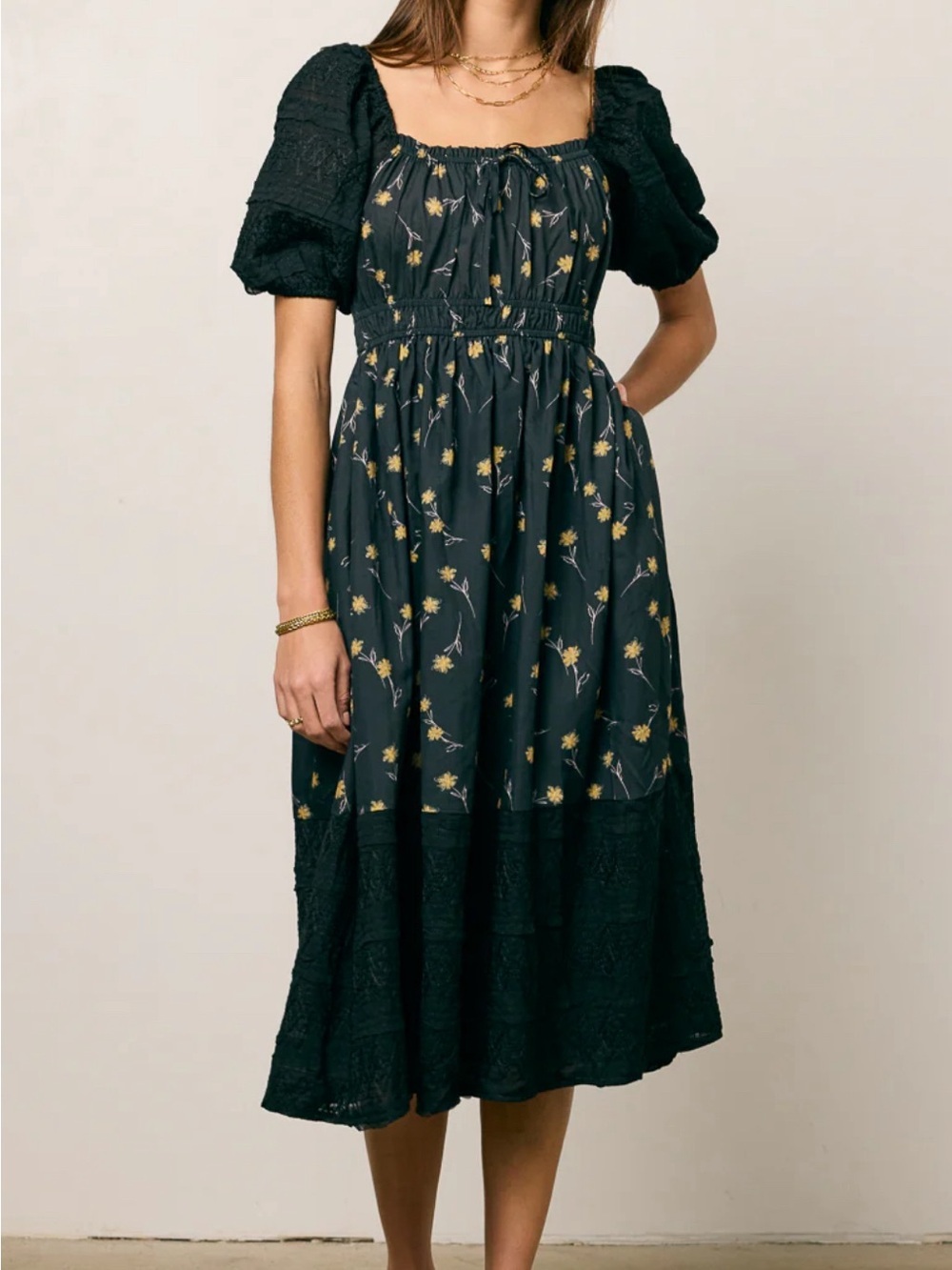 Bohme Rebekah Black Yellow Floral Lace Cottagecore Peasant Midi Dress Small